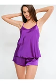 my cherie Yumuşak Saten Askılı Pijama Alt Üst Takım Mor - 2