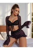 my cherie Kalp Baskılı Dantelli Bağlamalı Büstiyer Etek String 3'lü Takım - 3
