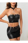 randevu Zincirli Deri Etek Büstiyer Takım Gecelik Siyah - 4