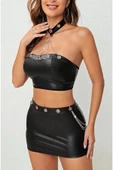 randevu Zincirli Deri Etek Büstiyer Takım Gecelik Siyah - 2