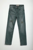 Kadın Yırtık Deyaylı Likralı Jean Pantolon Haki - 4