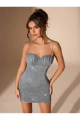 randevu Gri Pırıltılı Askı Detaylı Cuplu Mini Elbise - 6