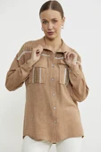File Detaylı Oversize Taşlı Gömlek - Koyu Bej - 3
