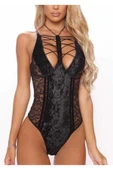 my cherie Dantel ve Kadife Kombinli Boyundan Bağlamalı Bodysuit - 6
