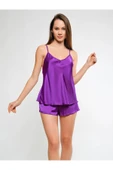 randevu Saten Yumuşak Dokulu Mor Pijama Alt Üst Takım - 3