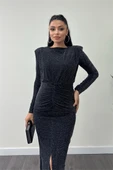 Jarse Payetli Kumaş Büzgü Detaylı Kalem Elbise - GÜMÜŞ - 4