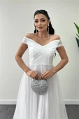 Organze Kumaş Kayık Yaka Prenses Elbise - BEYAZ - 4