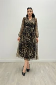 Tül Kumaş V Yaka Midi Elbise - LEOPAR - 2
