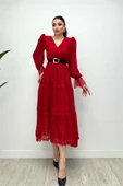 Şifon Kumaş Dantel Detaylı Elbise - KIRMIZI thumbnail 3