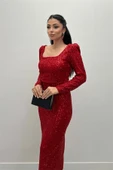 Payet Kumaş Kare Yaka Kalem Elbise - KIRMIZI - 3