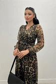 Tül Kumaş V Yaka Midi Elbise - LEOPAR - 4