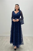 Dantel Kumaş Kolları Volan Detaylı - LACİVERT - 4