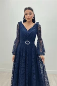 Dantel Kumaş Kolları Volan Detaylı - LACİVERT - 2
