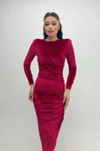 Kadife Kumaş Büzgü Detaylı Abiye Elbise - BORDO - 1