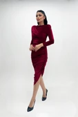 Kadife Kumaş Büzgü Detaylı Abiye Elbise - BORDO - 4