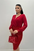 Üstü Şifon Alt Payet Elbise - KIRMIZI - 3