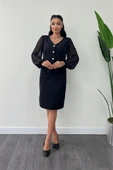 Double Kumaş Düğme Detaylı Kolları Şifon Kalem Elbise - SİYAH - 2