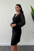 Double Kumaş Düğme Detaylı Kolları Şifon Kalem Elbise - SİYAH - 3