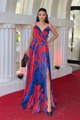 Organze Sifon Kumaş Desenli Maxi Elbise - SAKS MAVİ - 1