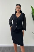 Double Kumaş Düğme Detaylı Kolları Şifon Kalem Elbise - SİYAH - 4