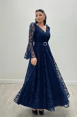 Dantel Kumaş Kolları Volan Detaylı - LACİVERT - 5