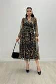 Tül Kumaş V Yaka Midi Elbise - LEOPAR - 1