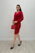 Üstü Şifon Alt Payet Elbise - KIRMIZI - 2