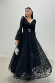 Dantel Kumaş Kolları Volan Detaylı - SİYAH - 4