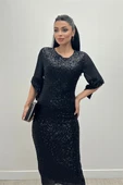 Payet Kumaş Kolları Şifon Kalem Elbise - SİYAH - 2