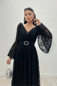 Dantel Kumaş Kolları Volan Detaylı - SİYAH - 1
