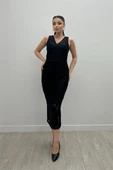 Desenli Dantel Kumaş Kalem Elbise - SİYAH - 1