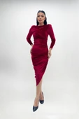 Kadife Kumaş Büzgü Detaylı Abiye Elbise - BORDO - 3