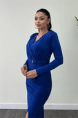 Jarse Kumaş Büzgü Detaylı Kalem Elbise - SAKS MAVİ - 3