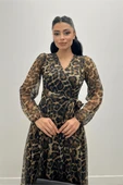 Tül Kumaş V Yaka Midi Elbise - LEOPAR - 3