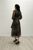 Tül Kumaş V Yaka Midi Elbise - LEOPAR - 5