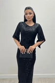 Payet Kumaş Kolları Şifon Kalem Elbise - SİYAH - 1
