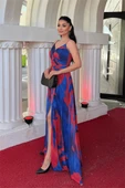 Organze Sifon Kumaş Desenli Maxi Elbise - SAKS MAVİ - 2