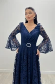 Dantel Kumaş Kolları Volan Detaylı - LACİVERT - 1