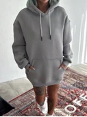 Kapşonlu Üç İplik Penye Basic SweatShirt - Boyalı Gri - 1