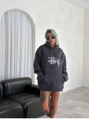 Üç İplik Kapşonlu Baskılı SweatShirt - Füme - 3