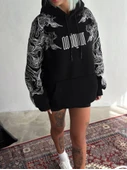 Kışlık Üç İplik Baskılı Kapşonlu SweatShirt - Siyah - 1