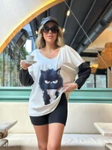 Kadın Uzun Kollu V Yakalı Kedi Baskılı şardonlu Dalgıç Bluz - 4