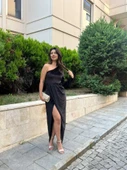 Kadın Uzun Kollu Yırtmaçlı önü Pile Detay Kadife Elbise - 8