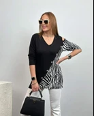 Kadın Uzun Kol Omuz Dekolteli Asmetrik Kesim Zebra Detay Bluz - 1