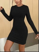 Kadın Uzun Kollu Bisiklet Yaka şardonlu Kalın Fitilli Kaşkorse Mini Boy Elbise - 7