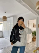 Kadın Uzun Kollu Kapşonlu Bağcıklı Kedi Desenli şardonlu Dalgıç Bluz - 2