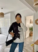 Kadın Uzun Kollu Kapşonlu Bağcıklı Kedi Desenli şardonlu Dalgıç Bluz - 10