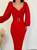 Kadın Kalp Yaka Sırt Dekolteli Kemer Toka Detay Midi Boy Elbise - 3