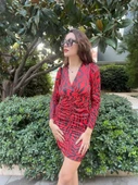 Kadın Uzun Kollu Kruvaze Yaka ön Kısım Büzgülü Zebra Desen Dalgıç Elbise - 2
