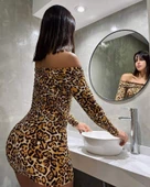 Kadın Madonna Mendil Yaka Leopar Desen Mini Elbise - 6